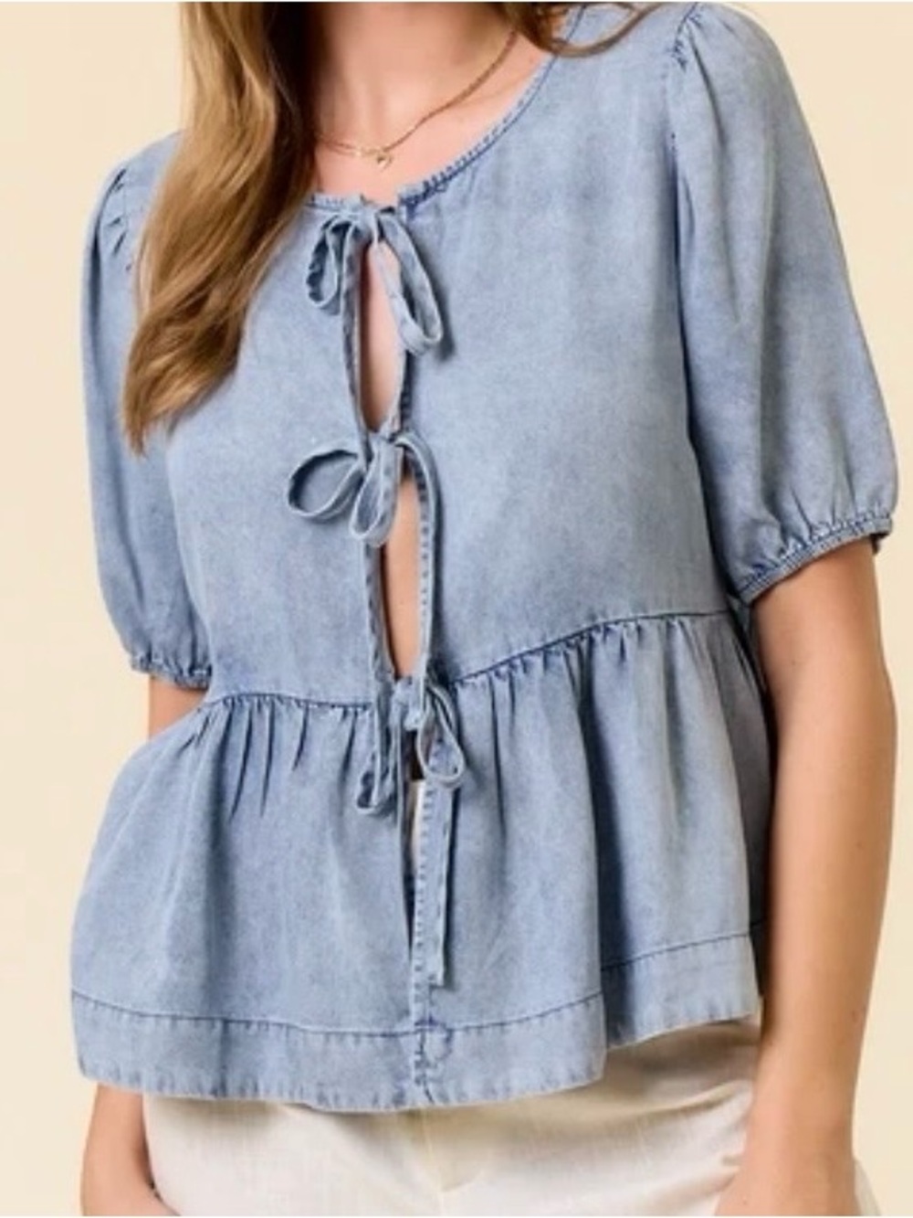 New Light Blue Doe and Rae Tie-Front Peplum Boutique Denim Top